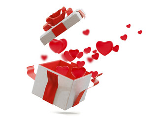 red hearts coming out of the box, Christmas gift with snow, opened gift box, 3d-illustration