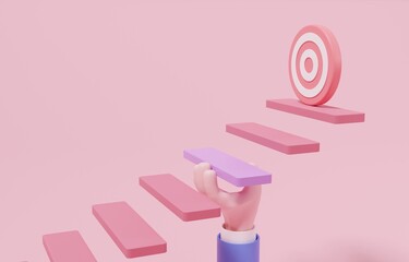 Hand supporting staircase to reach target, business support to achieve target, mentorship for career growth, 3d render illustration.