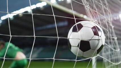 Football Championship: Ball Hits Net in Slow Motion. Goalkeeper Jumps and Fails to Protect Goals, Competition Scores Goal. Sport Channel Broadcast TV. Stylish Playback Repeat in Cinematic Slow Motion - Powered by Adobe