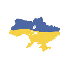 Ukraine is my home. Map of Ukraine with a house. Abstract patriotic Ukrainian flag with the symbol of the house. Vector illustration. Isolated on a white background.