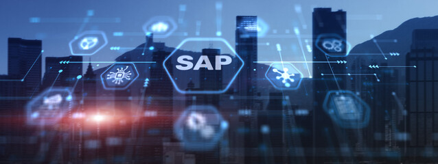 SAP - Business process automation software and management software on city background
