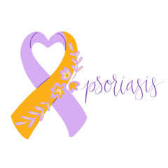 World Psoriasis Day October 29 handwritten lettering. Purple and orange support ribbon. Web banner vector template