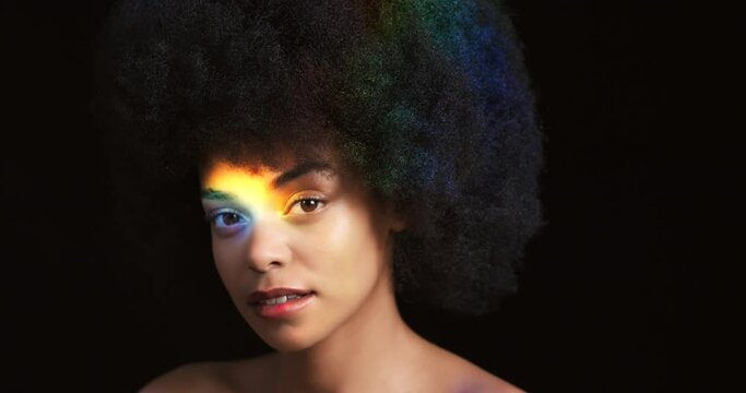 Rainbow light on black woman model with beauty cosmetics skincare glow and nude facial prism makeup tutorial. Happy colorful and creative African girl makeup artist in dark background studio mockup