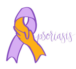 World Psoriasis Day October 29 handwritten lettering. Purple and orange support ribbon. Web banner vector template