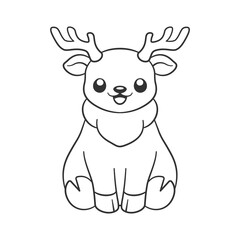 Cute happy chibi style sitting reindeer with antlers animal outline doodle cartoon illustration. Winter wildlife Christmas theme coloring book page activity for kids and adults.
