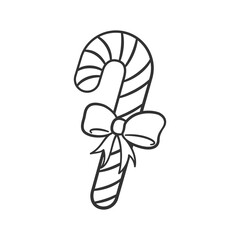 Peppermint candy cane with ribbon outline doodle cartoon illustration. Winter Christmas theme coloring book page activity worksheet for kids