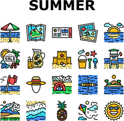 summer season vacation nature icons set vector. holiday travel, sun beach, poster sea, tropical sale, party, hot discount promotion summer season vacation nature color line illustrations