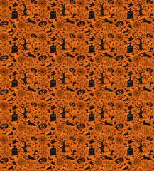 Doodle Halloween seamless pattern for celebration design. Vector illustration, black background fear, graveyard, halloween.