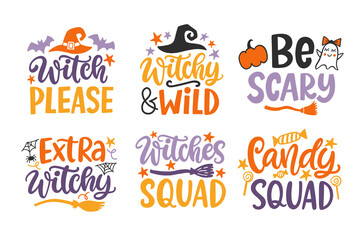 Set of Halloween Witch Hand Drawn Cute Lettering phrases