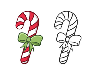 Peppermint candy cane with ribbon outline and colored doodle cartoon illustration set. Winter Christmas theme coloring book page activity worksheet for kids