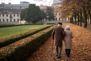 Happy senior couple on walk outdoors in town park in autumn day, rear view.