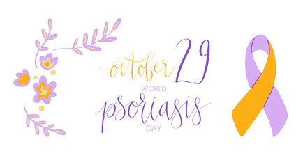 World Psoriasis Day October 29 handwritten lettering. Purple and orange support ribbon. Web banner vector template