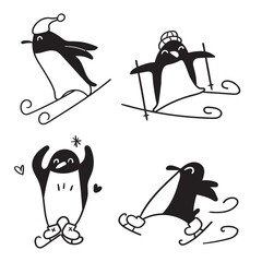 Outline icons. Ice skating and skiing penguins. Vector illustrations on white background. 