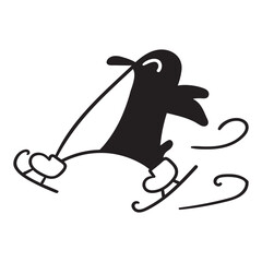 Ice skating penguin. Outline illustration.