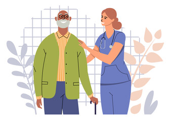 A nurse helps an elderly black man. A female doctor helps an older man to walk, supporting him. An old grandfather with a cane and a medical worker on a background with plants. Flat style, vector.