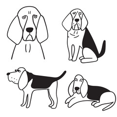 Collection of bloodhounds. Outline vector icons on white background. 