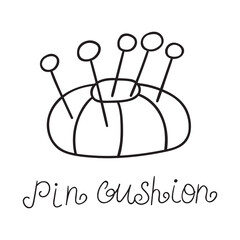 Pin cushion. Vector outline icon. Hand drawn illustration.
