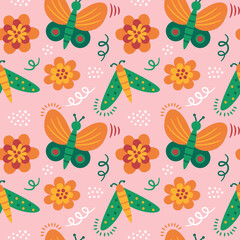 Seamless cute floral spring pattern with insects, butterfly, flowers, plants, leaves