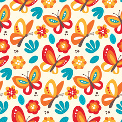 Seamless cute floral spring pattern with insects, butterfly, flowers, plants, leaves
