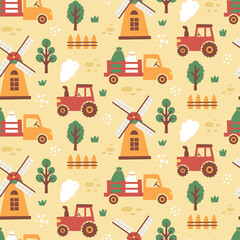Seamless cute vector kids pattern with farm, cars, truck, tractor, mill, fence, trees, plants