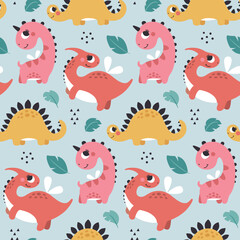 Cute Dino vector seamless pattern with Dinosaur Girls, plants, leaves, bushes, stones