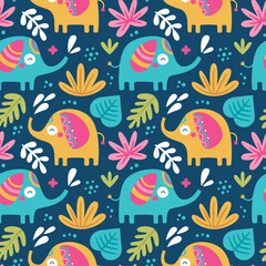 Fototapeta na wymiar Seamless cute vector tropical pattern with elephants, leaves, birds, plants, branches