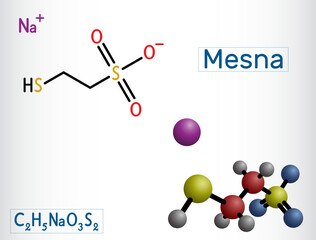 Mesna molecule. It is used to reduce the negative effects of some anticancer drugs on the bladder. Structural chemical formula, molecule model
