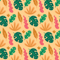 Seamless cute vector tropical floral pattern with flowers, plants, branches, leaves, nature