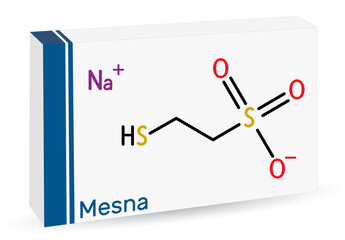Mesna molecule. It is used to reduce the negative effects of some anticancer drugs on the bladder. Skeletal chemical formula. Paper packaging for drugs