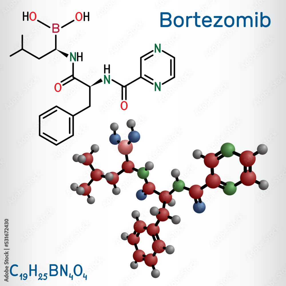 Sticker Bortezomib molecule. It is anticancer medication used to treat multiple myeloma and mantle cell lymphoma. Structural chemical formula, molecule model.