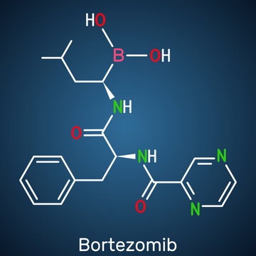 Bortezomib molecule. It is anticancer medication used to treat multiple myeloma and mantle cell lymphoma. Structural chemical formula on the dark blue background