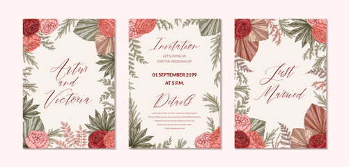 Set of modern vertical boho wedding designs for invitation, greeting cards, posters. Save the date. Hand drawn vector illustration