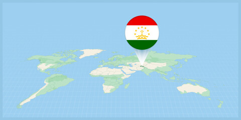 Naklejka premium Location of Tajikistan on the world map, marked with Tajikistan flag pin.