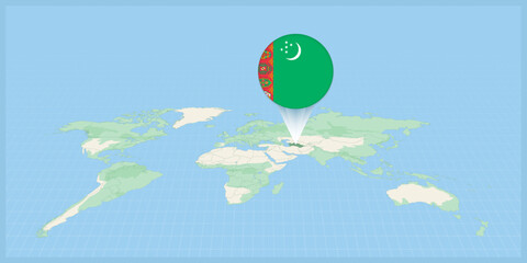 Location of Turkmenistan on the world map, marked with Turkmenistan flag pin.
