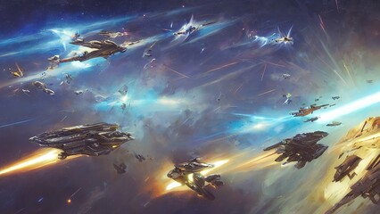 Obraz na płótnie Canvas Space battle of spaceships and battle cruisers, laser shots sparks and explosions. Space fighters are attacking a military base. 3d illustration