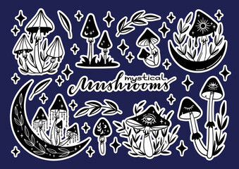Vector big set of mystical mushrooms stickers with a white outline. Black and white isolated elements on a colored background.