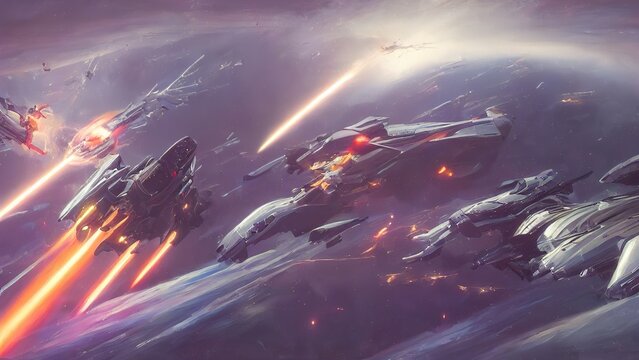 Space battle of spaceships and battle cruisers, laser shots sparks and explosions. Space fighters are attacking a military base. 3d illustration