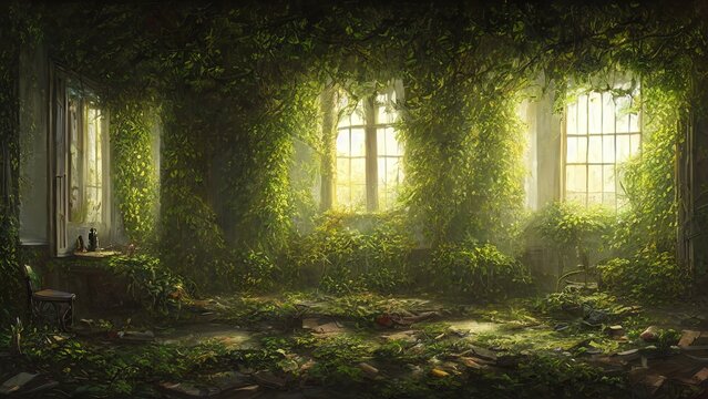 Windows of empty abandoned house palace overgrown with vegetation, ivy and vines from inside. Magical fabulous house windows in room. Building is captured by nature and vegetation. 3d illustration