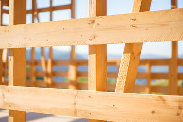 Close up of construction of ecological renewable low energy sustainable wooden eco house.