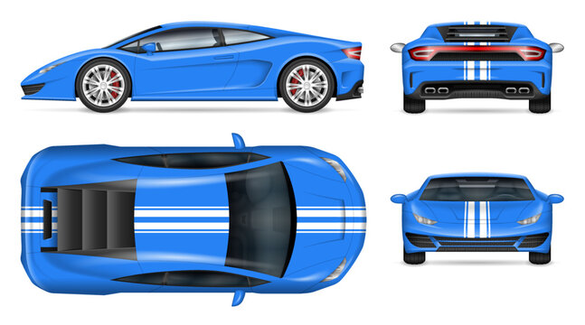 Sports car vector mockup on white background for vehicle branding, corporate identity. View from side, front, back, and top. All elements in the groups on separate layers for easy editing and recolor