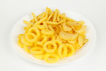 A plate of crispy snacks on a white background.
