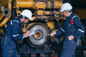 the technician repairing and inspecting the big diesel engine in the train garage 