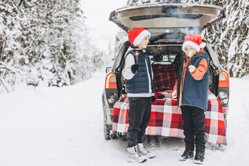 Two friends teenagers boys in red santa hats with with sparkles Bengal fire standing near trunk of car decorated for Christmas and New Year in snowy winter forest. Road trip and local travel.