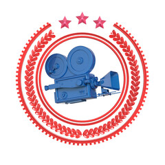 High detailed vintage golden movie camera in laurel wreath badge with rings and stars. Movie award icon, 3d rendering isolated transparent png.
