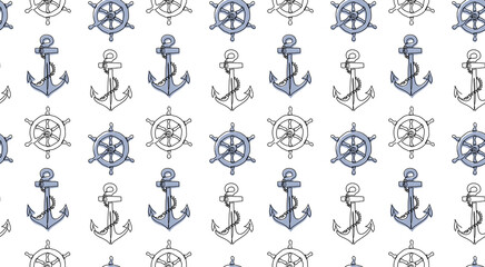 Marine vector pattern with anchor and steering wheel. One continuous line art drawing of sea signs. Anchor and wheel pattern © alstanova@gmail.com