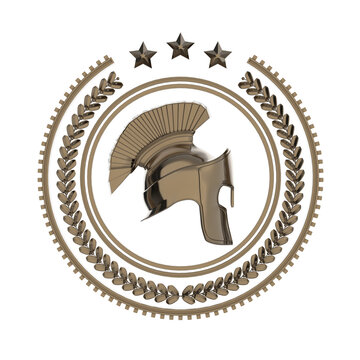 High detailed spartan, roman, greek helmet in laurel wreath badge with rings and stars. sports military fighting icon, rendering isolated on black background.