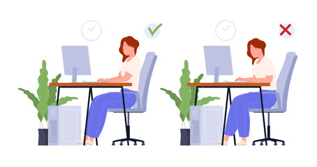 The correct way to sit at a desk while using a computer. Correct posture for a healthy back. Vector illustration