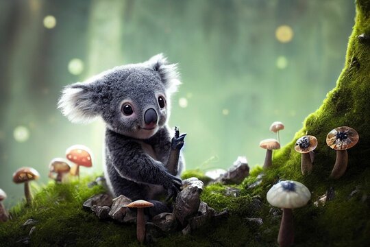 Adorable 3D artwork of a koala on a tree with moss and mushrooms