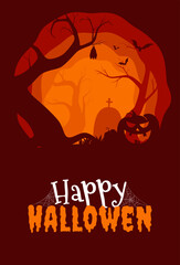 Happy Halloween. Banner with scary silhouettes of trees, graves and abandoned buildings. Halloween background. Vector illustration
