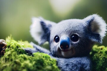 Adorable 3D artwork of a smiley koala on moss